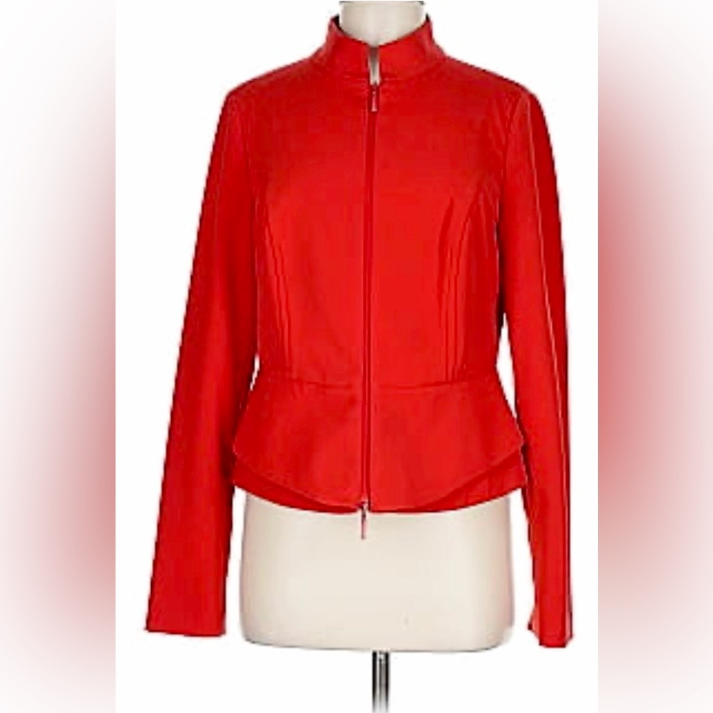 Carlisle tailored, red, long-sleeved jacket blazer full zip stand-up collar.